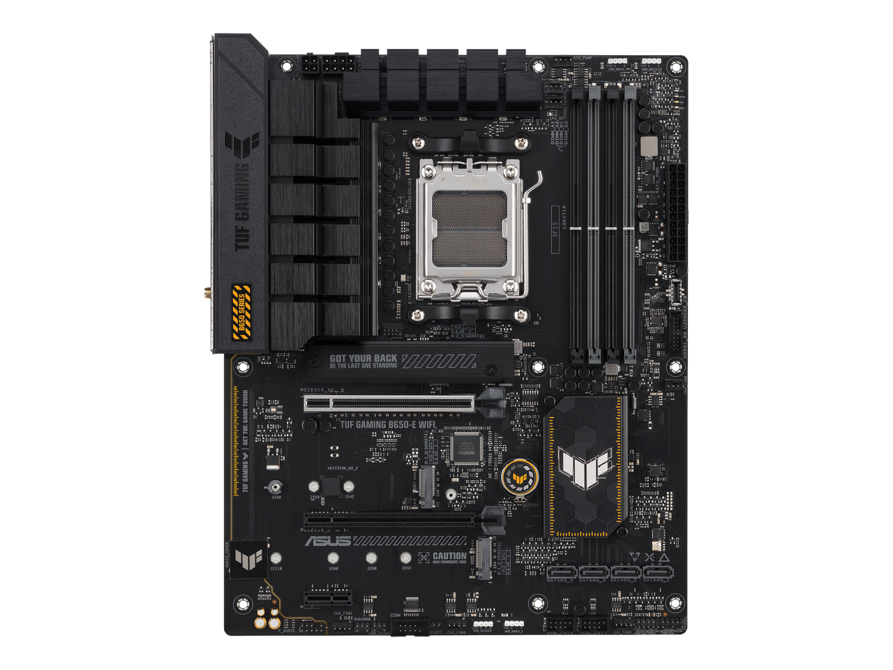 ASUS TUF GAMING B650-E WIFI AMD B650 AM5 ATX motherboard, DDR5, 8+2 teamed power stages, PCIe 5.0, a PCIe 5.0 M.2 slot, Realtek 2.5 Gb Ethernet, Wi-Fi 6E, HDMI, DisplayPort, front USB 20Gbps Type-C 2