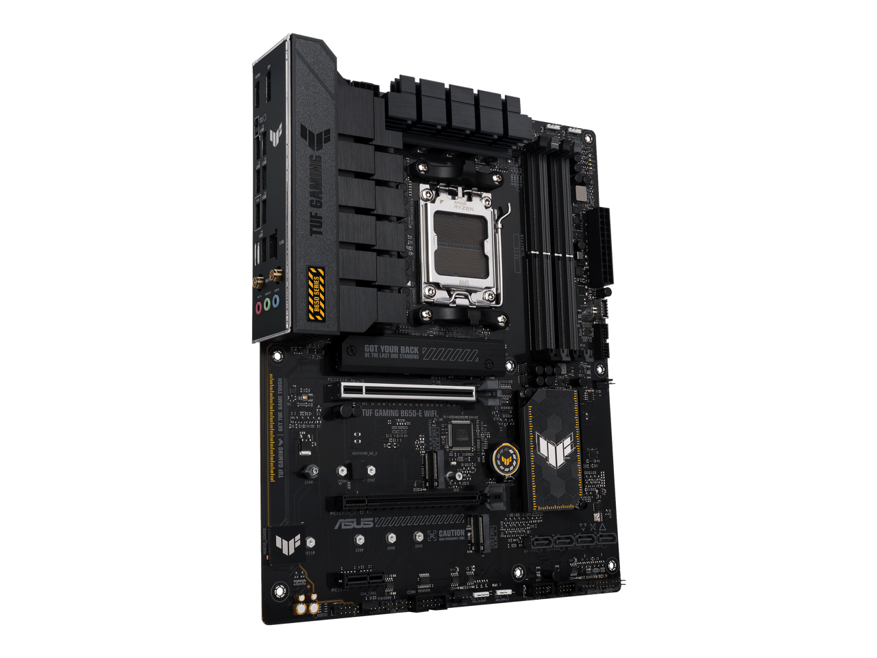 ASUS TUF GAMING B650-E WIFI AMD B650 AM5 ATX motherboard, DDR5, 8+2 teamed power stages, PCIe 5.0, a PCIe 5.0 M.2 slot, Realtek 2.5 Gb Ethernet, Wi-Fi 6E, HDMI, DisplayPort, front USB 20Gbps Type-C 4