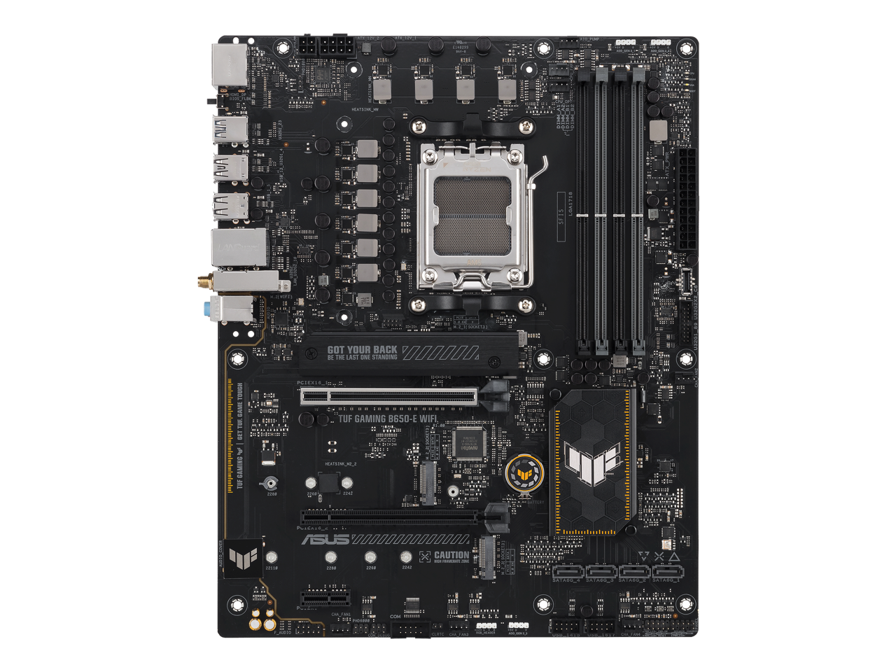 ASUS TUF GAMING B650-E WIFI AMD B650 AM5 ATX motherboard, DDR5, 8+2 teamed power stages, PCIe 5.0, a PCIe 5.0 M.2 slot, Realtek 2.5 Gb Ethernet, Wi-Fi 6E, HDMI, DisplayPort, front USB 20Gbps Type-C 5