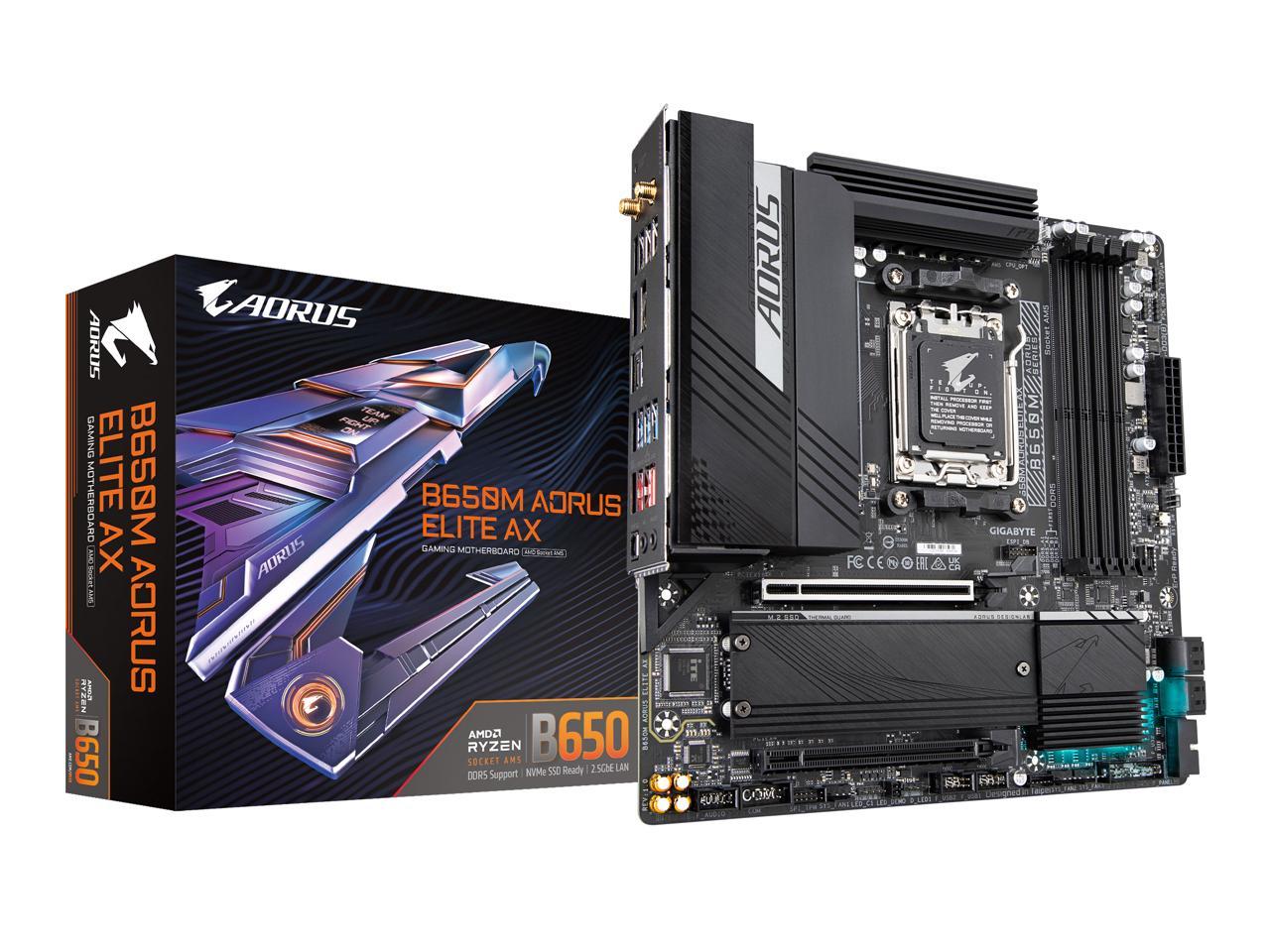 GIGABYTE B650M AORUS ELITE AX AM5 LGA 1718 AMD B650 M-ATX Motherboard with 5-Year Warranty, DDR5, 2 M.2, PCIe 5.0, USB 3.2 Gen2X2 Type-C, Intel 2.5GbE LAN, Q-Flash Plus, EZ-Latch 1