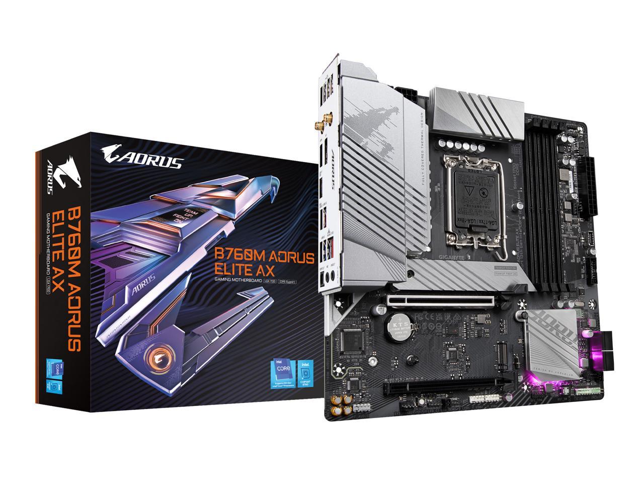 GIGABYTE B760M AORUS ELITE AX LGA 1700 Intel B760 M-ATX Motherboard with DDR5, Dual M.2, PCIe 4.0, USB 3.2 Gen2X2 Type-C, Intel Wi-Fi 6E, 2.5GbE LAN, Q-Flash Plus, PCIe EZ-Latch 1