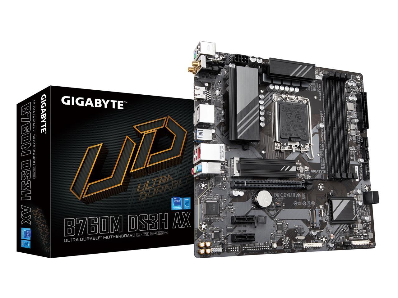 GIGABYTE B760M DS3H AX LGA 1700 Intel B760 M-ATX Motherboard with DDR5, 2* M.2, PCIe 4.0, USB 3.2 Gen 2 Type-C, WiFi 6E, 2.5GbE LAN, Q-Flash Plus, PCIe EZ-Latch 1