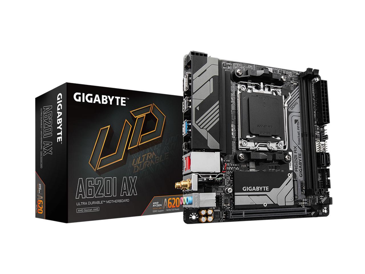 GIGABYTE A620I AX AM5 LGA 1718 AMD A620 Mini-ITX Motherboard, DDR5, Single M.2, PCIe 4.0, USB 3.2 Gen1 Type-C, Realtek Wi-Fi 6E, Realtek 2.5GbE, Q-Flash Plus, PCIe EZ-Latch 1