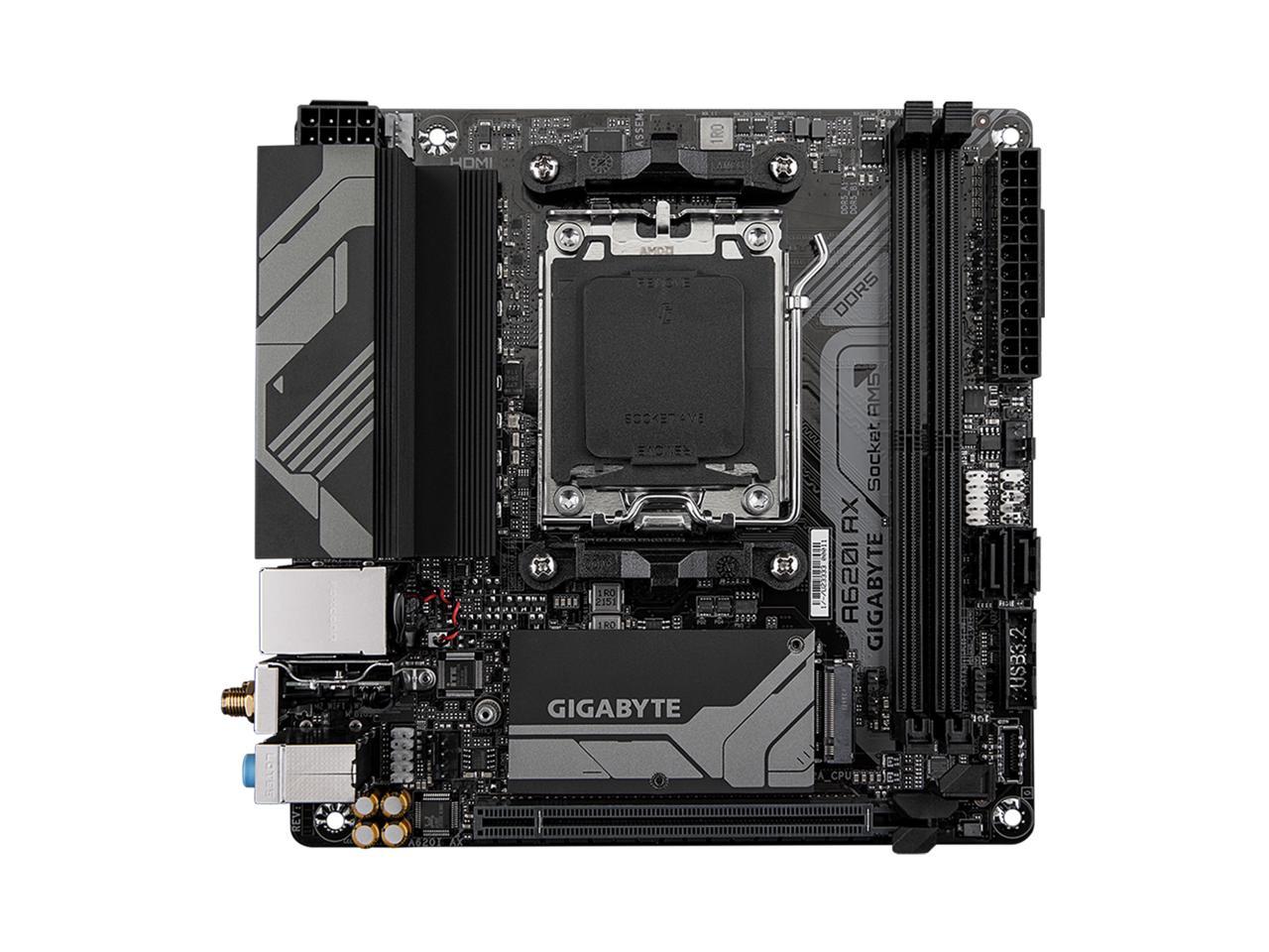 GIGABYTE A620I AX AM5 LGA 1718 AMD A620 Mini-ITX Motherboard, DDR5, Single M.2, PCIe 4.0, USB 3.2 Gen1 Type-C, Realtek Wi-Fi 6E, Realtek 2.5GbE, Q-Flash Plus, PCIe EZ-Latch 2