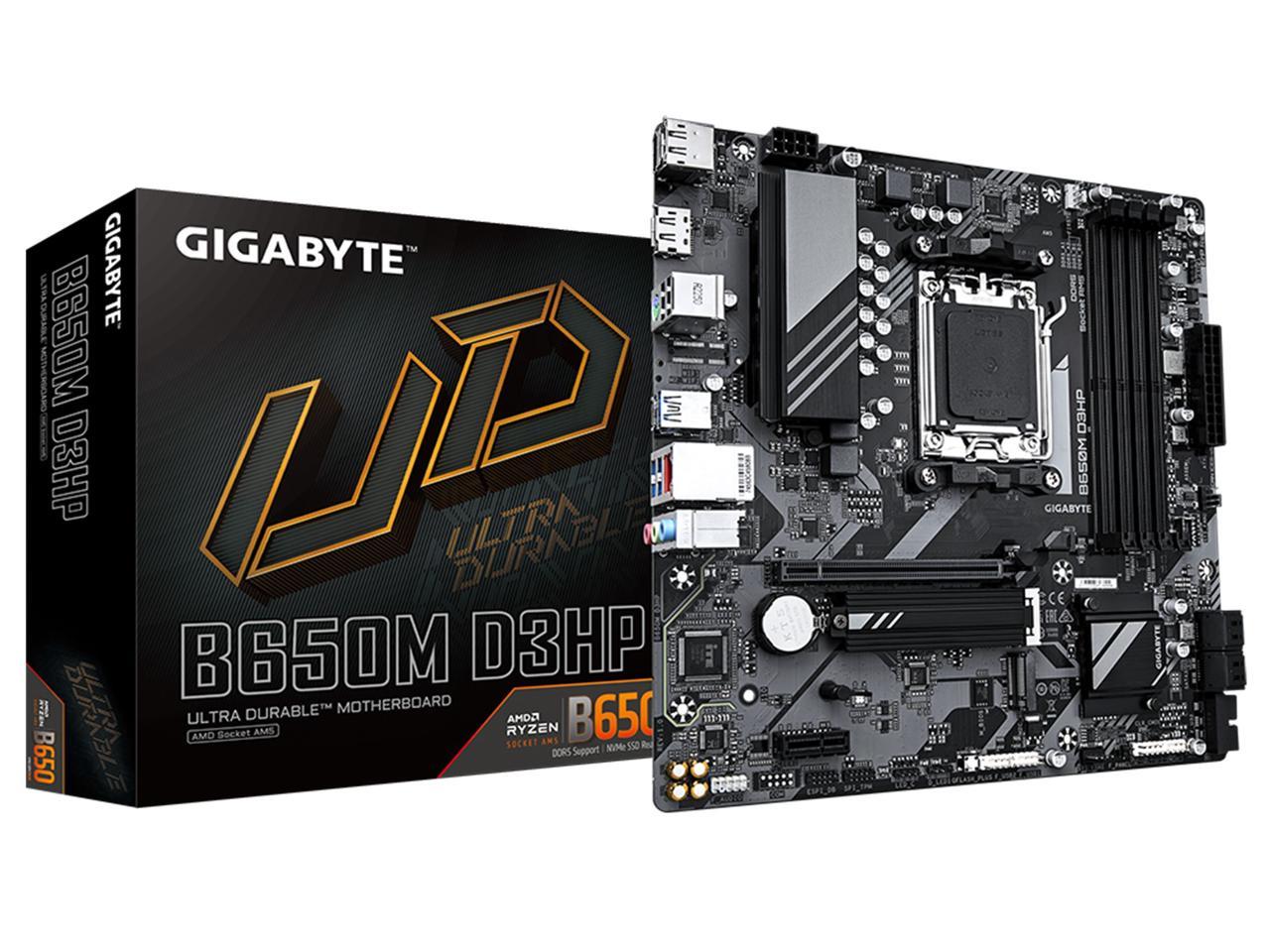 GIGABYTE B650M D3HP AM5 LGA 1718 AMD B650 M-ATX Motherboard with 5-Year Warranty, DDR5, 2x PCIe 4.0 M.2, PCIe 4.0, USB 3.2 Gen2 Type-C, 2.5GbE LAN 1