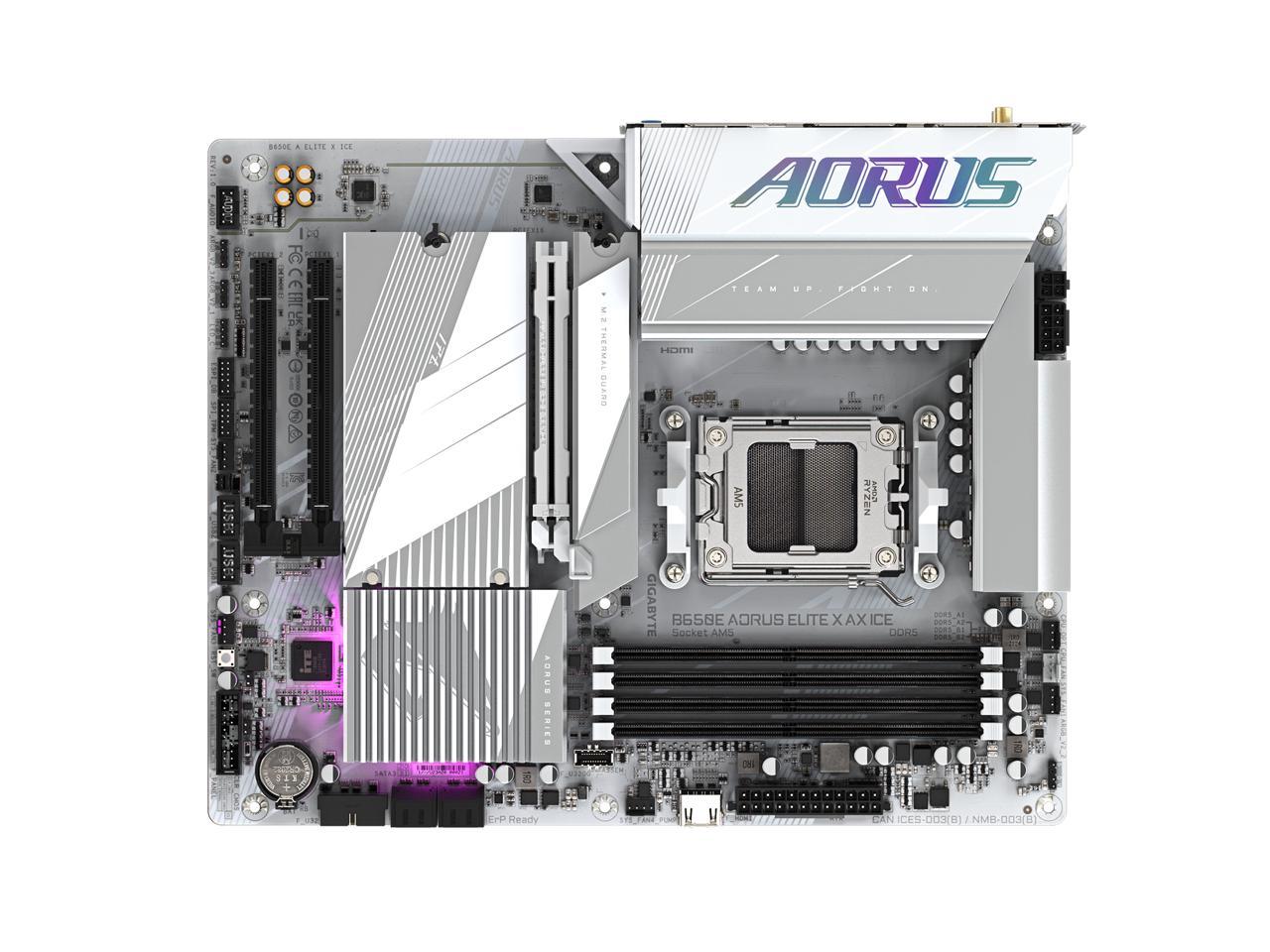 GIGABYTE B650E AORUS ELITE X AX ICE AM5 LGA 1718 AMD B650 ATX Motherboard with 5-Year Warranty, DDR5, 3x M.2, PCIe 5.0, USB 3.2 Gen2X2 Type-C, WiFi 6E, 2.5GbE LAN, Q-Flash Plus, EZ-Latch Plus 5