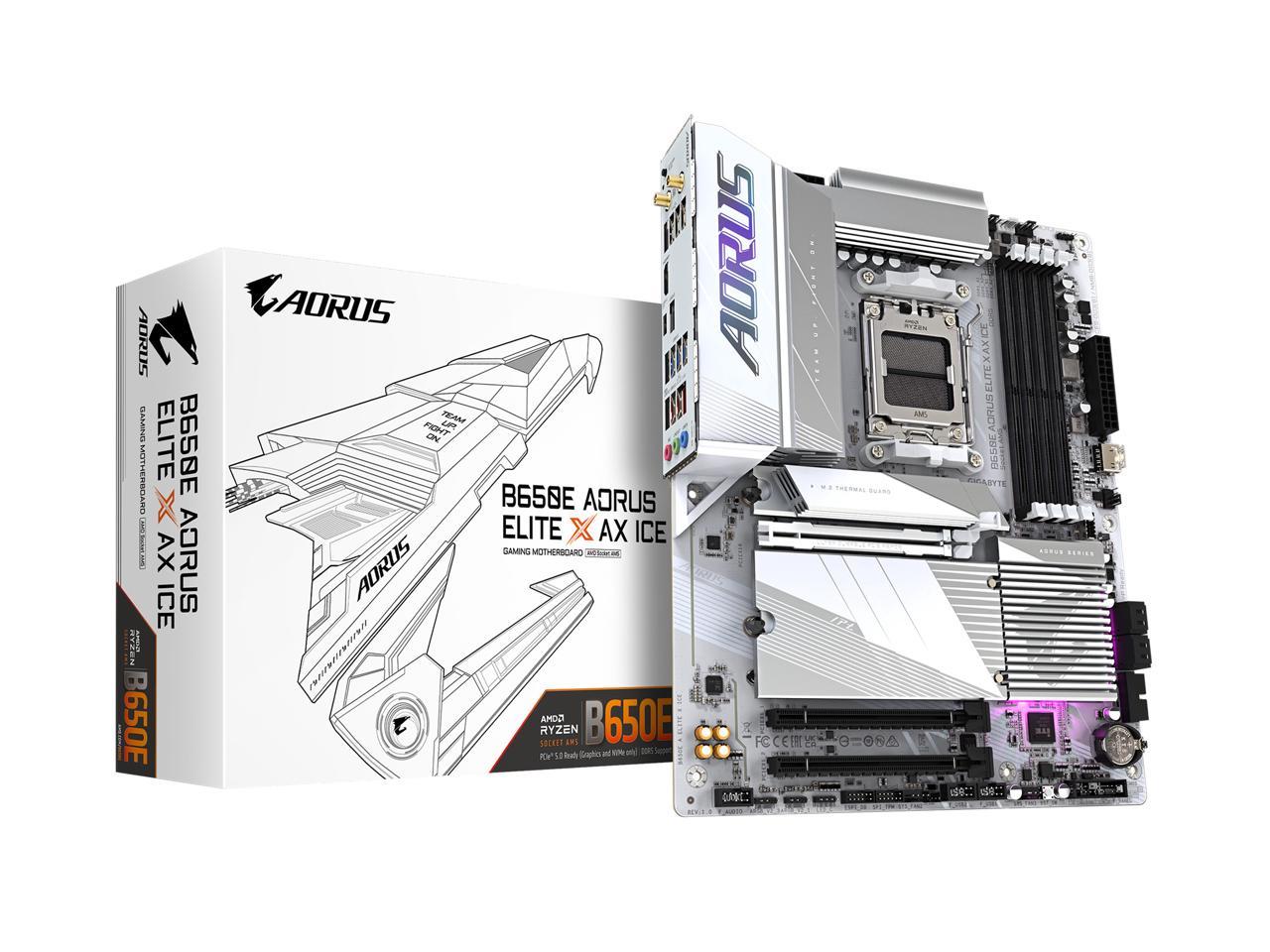 GIGABYTE B650E AORUS ELITE X AX ICE AM5 LGA 1718 AMD B650 ATX Motherboard with 5-Year Warranty, DDR5, 3x M.2, PCIe 5.0, USB 3.2 Gen2X2 Type-C, WiFi 6E, 2.5GbE LAN, Q-Flash Plus, EZ-Latch Plus 1