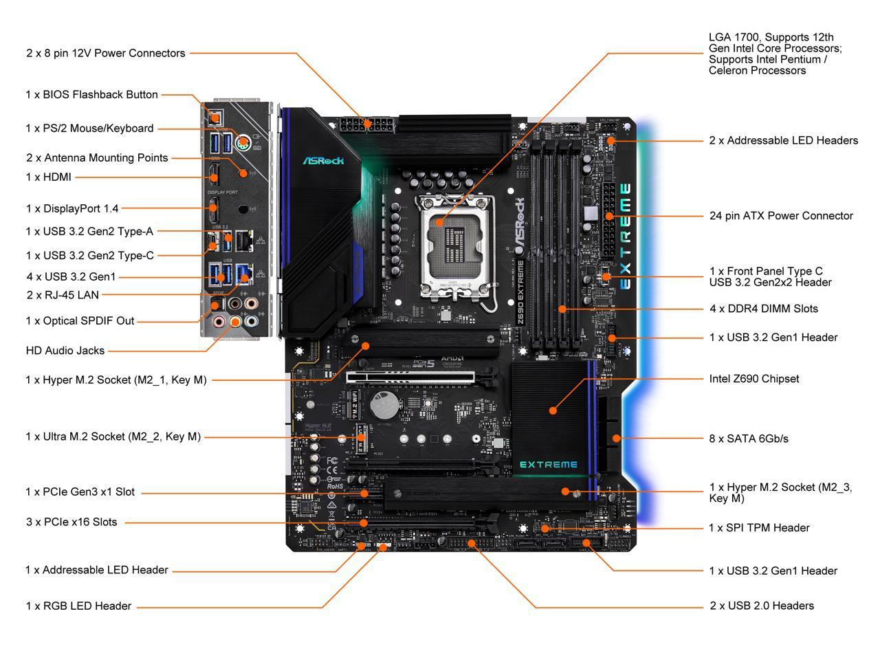 ASRock Z690 EXTREME LGA 1700 (14th,13th,12th Gen) Intel Z690 SATA 6Gb/s DDR4 ATX Intel Motherboard 3