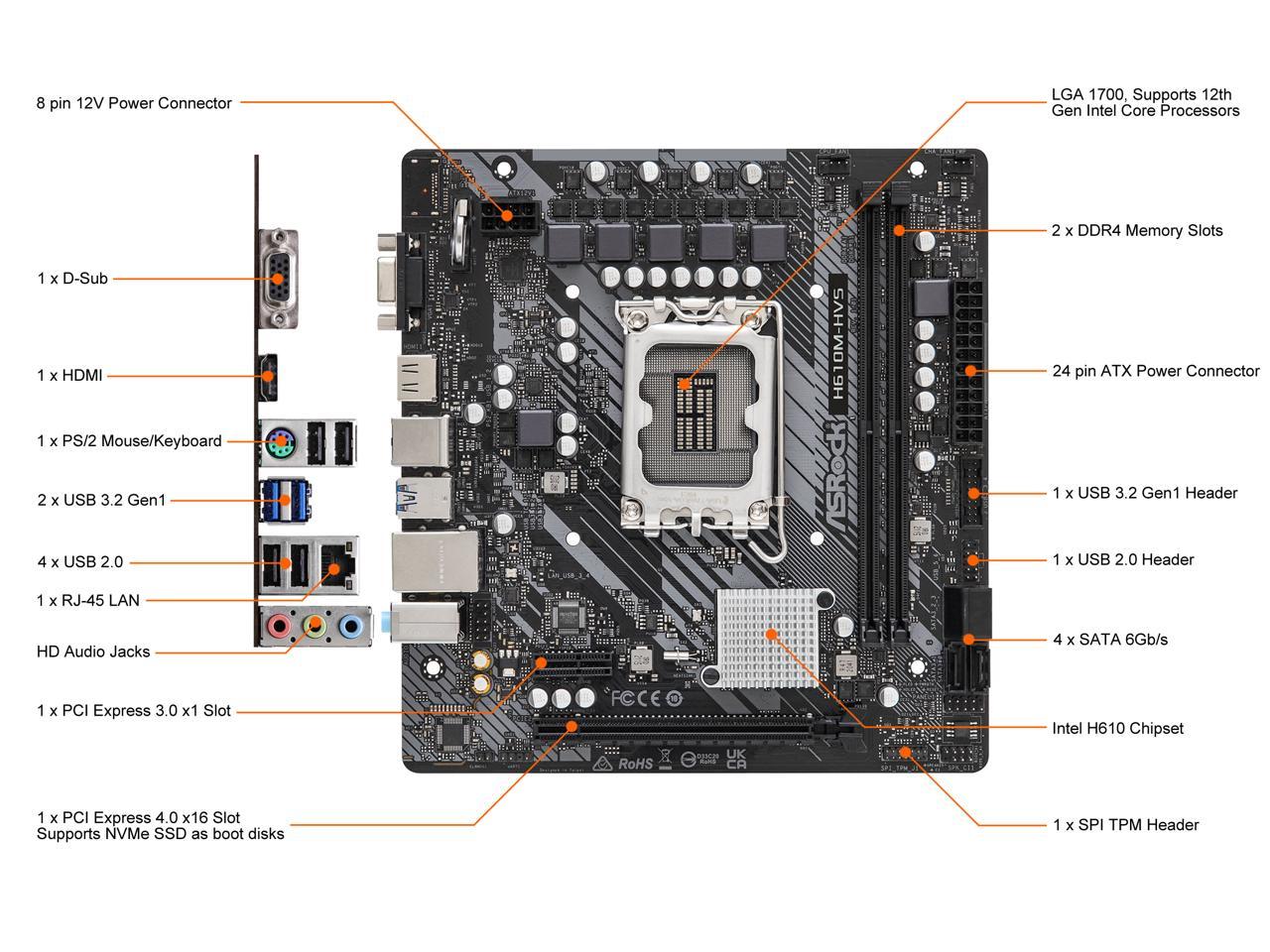 ASRock H610M-HVS LGA 1700 Intel H610 SATA 6Gb/s DDR4 Micro ATX Motherboard 2