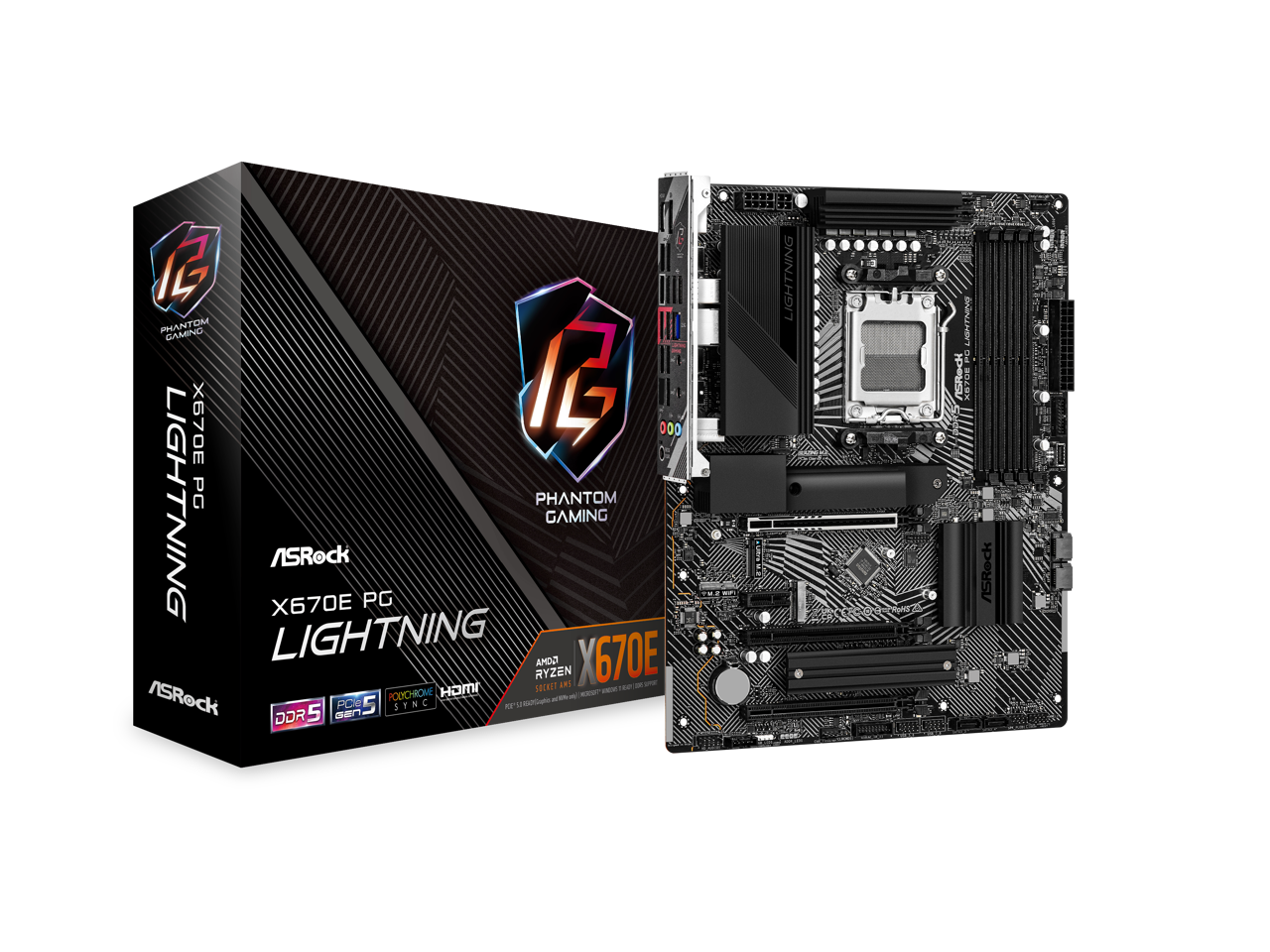 ASRock X670E PG Lightning AM5 ATX Motherboard. 4xDDR5 slots, PCIE 5.0X16, AMD Cross Fire, Quad M.2 slots, 2.5GB LAN, 7.1 HD audio, HDMI, DP 1.4 ports, USB3.2 Gen2x2 Type-C, 8 Layer PCB. 1