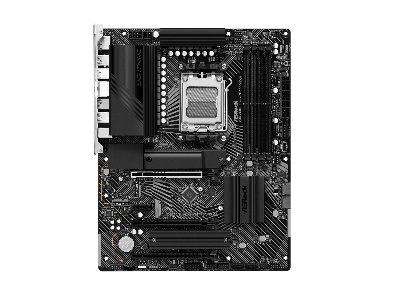 ASRock X670E PG Lightning AM5 ATX Motherboard. 4xDDR5 slots, PCIE 5.0X16, AMD Cross Fire, Quad M.2 slots, 2.5GB LAN, 7.1 HD audio, HDMI, DP 1.4 ports, USB3.2 Gen2x2 Type-C, 8 Layer PCB. 2