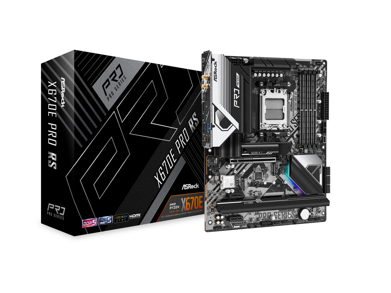 ASRock X670E PRO RS AM5 ATX Mainboard. 4xDDR5 slots, PCIE 5.0X16, AMD Cross Fire, 5xM.2 slots, 2.5GB LAN, WIFI-6E,  7.1 HD audio, HDMI 2.1, DP 1.4 ports, USB3.2 Gen2x2 Type-C, 8 Layer PCB, 14+2+1 Phase Power Design, SPS. 1