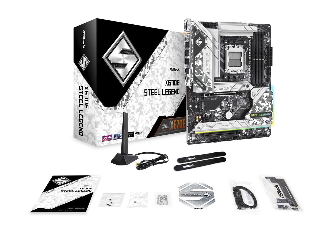 ASRock X670E Steel Legend AM5 ATX Motherboard. 4xDDR5 slots, PCIE 5.0X16, AMD Cross Fire, QuadM.2 slots, Dual LAN ports 1GB and 2.5GB , WIFI-6E,7.1 HD audio, HDMI 2.1, DP 1.4 ports 4