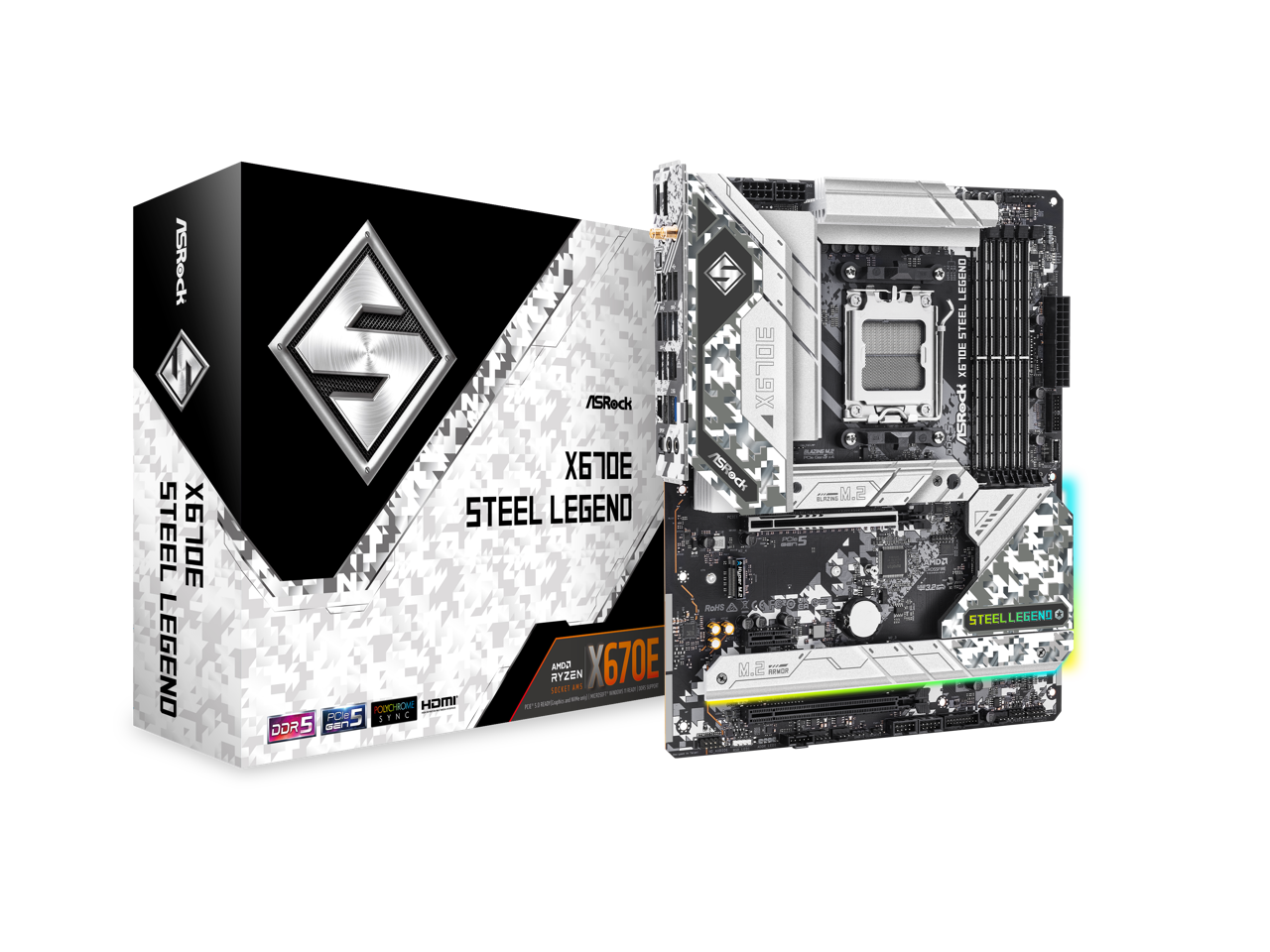 ASRock X670E Steel Legend AM5 ATX Motherboard. 4xDDR5 slots, PCIE 5.0X16, AMD Cross Fire, QuadM.2 slots, Dual LAN ports 1GB and 2.5GB , WIFI-6E,7.1 HD audio, HDMI 2.1, DP 1.4 ports 1