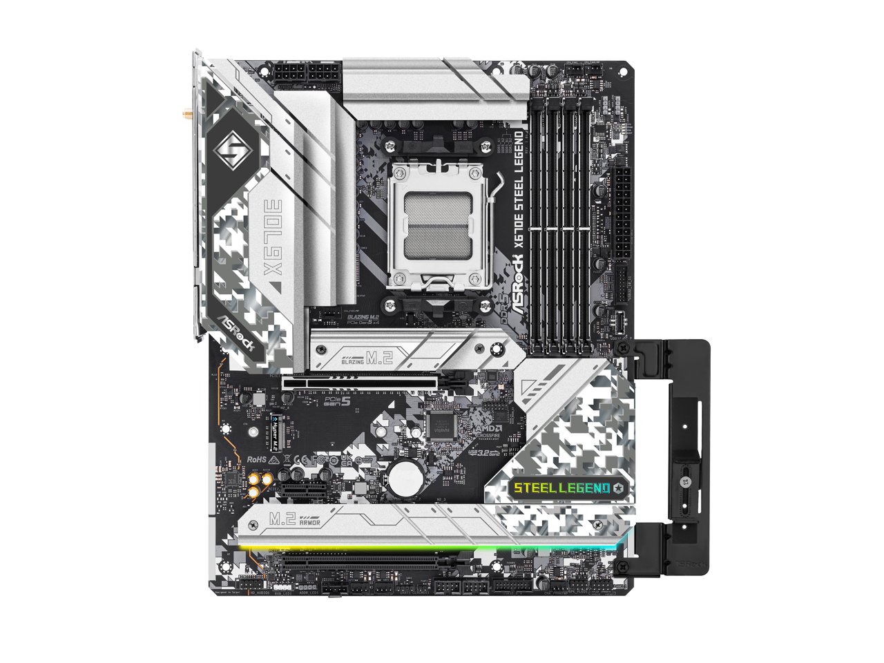 ASRock X670E Steel Legend AM5 ATX Motherboard. 4xDDR5 slots, PCIE 5.0X16, AMD Cross Fire, QuadM.2 slots, Dual LAN ports 1GB and 2.5GB , WIFI-6E,7.1 HD audio, HDMI 2.1, DP 1.4 ports 2