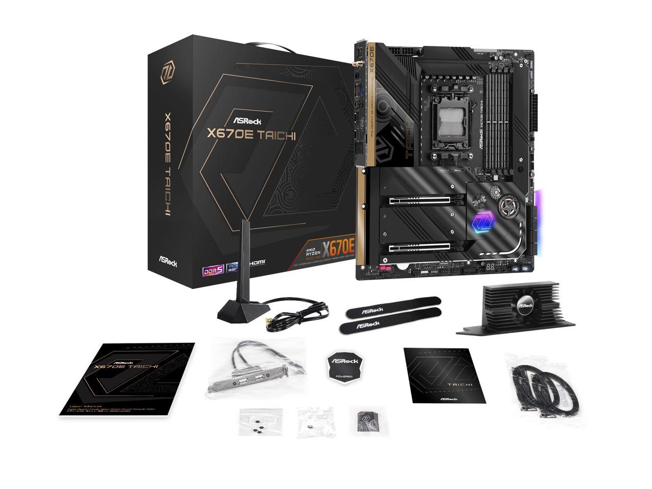 ASRock X670E Taichi AM5 EATX Motherboard. 4xDDR5 slots, 2 x PCIe 5.0 x16 Slots , AMD Cross Fire, Quad M.2 slots, 2.5GB LAN, WIFI-6E, 5,1 HD audio, HDMI 2.1, DP 1.4 ports, USB4 Type-C, 8 Layer PCB. 4