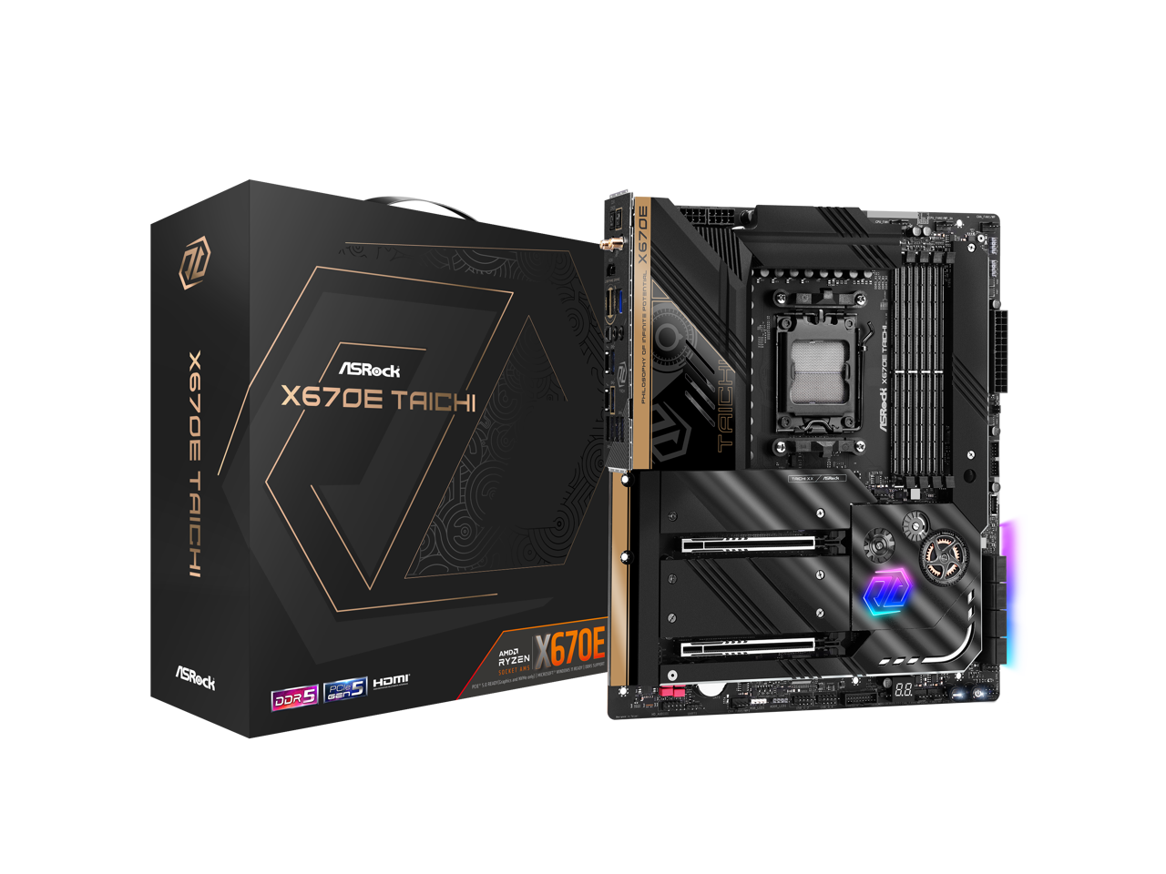 ASRock X670E Taichi AM5 EATX Motherboard. 4xDDR5 slots, 2 x PCIe 5.0 x16 Slots , AMD Cross Fire, Quad M.2 slots, 2.5GB LAN, WIFI-6E, 5,1 HD audio, HDMI 2.1, DP 1.4 ports, USB4 Type-C, 8 Layer PCB. 1