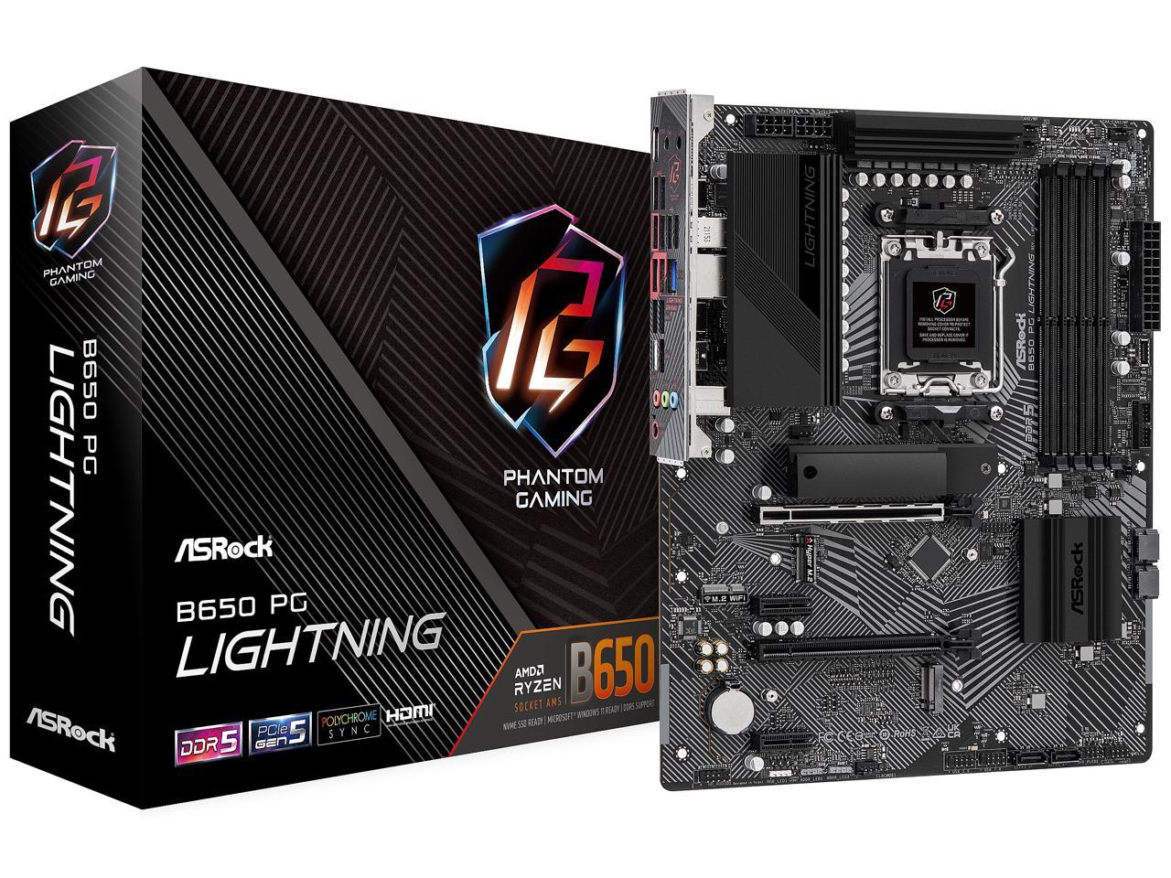 ASRock B650 PG LIGHTING AM5 ATX Motherboard, 4 slots DDR5, PCIE 4.0 x16,  3 M.2 slots,  2.5Gb Lan, 7.1 Nahimic Audio , Rear USB3.2 Gen2X2 Type_C ,  14+2+1 Power Phase, AMD CrossFire. 1