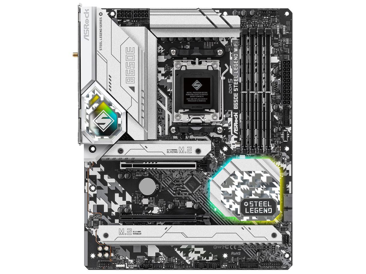 ASRock B650E STEEL LEGEND WIFI AM5 ATX Motherboard, 4 slots DDR5, PCIE 5.0 x16,   Dual M.2 slots,  2.5Gb Lan,WI-FI 6E,  7.1 Nahimic Audio , Front USB3.2 Gen2X2 Type_C ,  16+12+1 Power Phase 2