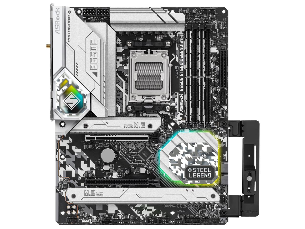 ASRock B650E STEEL LEGEND WIFI AM5 ATX Motherboard, 4 slots DDR5, PCIE 5.0 x16,   Dual M.2 slots,  2.5Gb Lan,WI-FI 6E,  7.1 Nahimic Audio , Front USB3.2 Gen2X2 Type_C ,  16+12+1 Power Phase 3