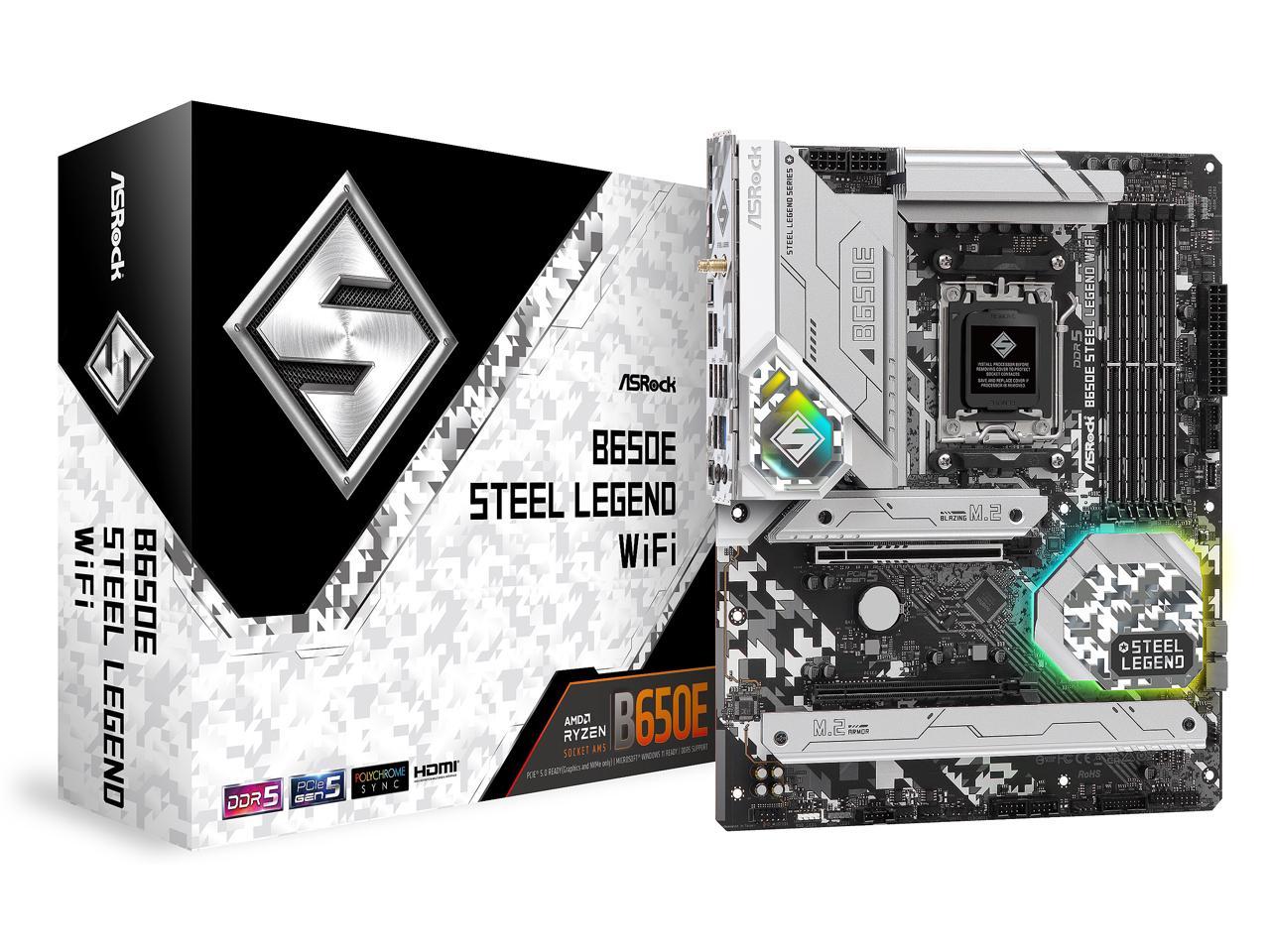 ASRock B650E STEEL LEGEND WIFI AM5 ATX Motherboard, 4 slots DDR5, PCIE 5.0 x16,   Dual M.2 slots,  2.5Gb Lan,WI-FI 6E,  7.1 Nahimic Audio , Front USB3.2 Gen2X2 Type_C ,  16+12+1 Power Phase 1