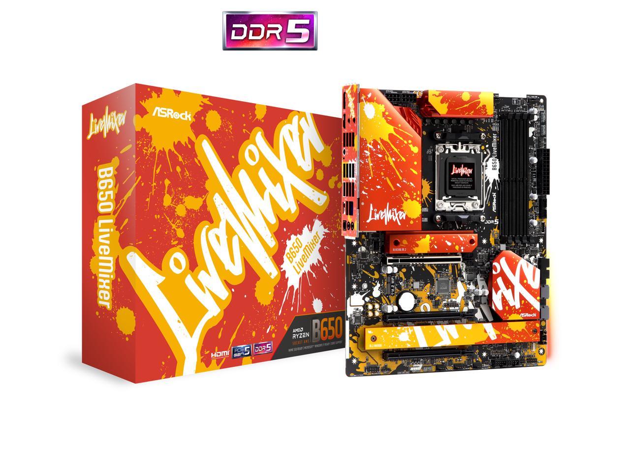 ASRock B650 LiveMixer AM5 ATX Motherboard , 4 slots DDR5, 3 PCIE 4.0 x16,  3 M.2 slots,  2.5Gb Lan, 7.1 Nahimic Audio , Rear USB3.2 Gen2X2 Type_C ,  14+2+1 Power Phase, bios flash back, Amd Crossfire 1