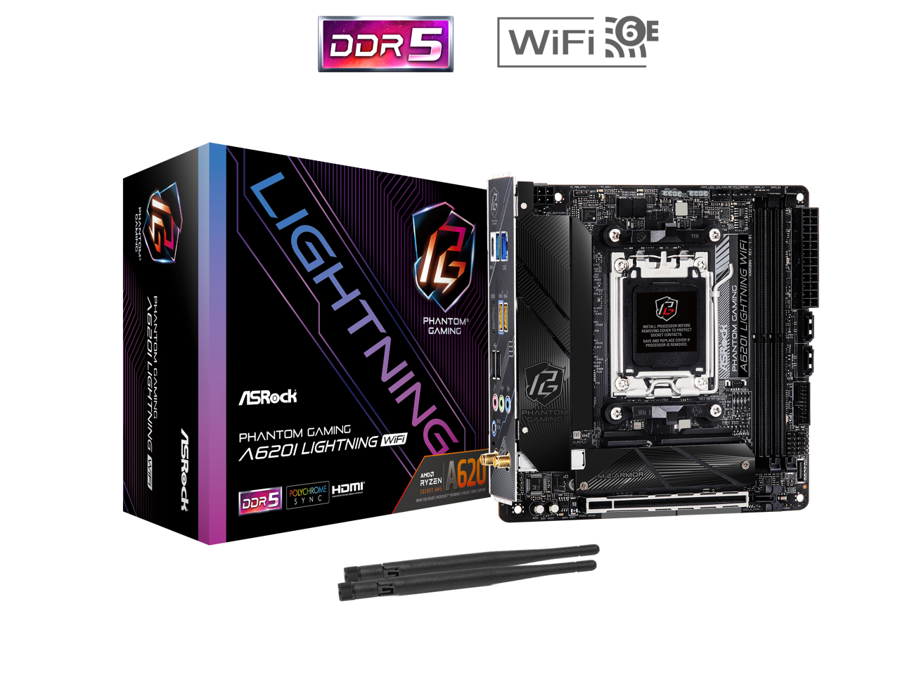 ASRock 620I LIGHTNING WIFI AM5 Ryzen7000 AMD A620 SATA 6Gb/s Mini-ITX  Dual Channel DDR5 - 2.5G LAN, 802.11ax Wi-Fi 6E Module PCIe 4.0 x16 Slot Motherboards - AMD 1