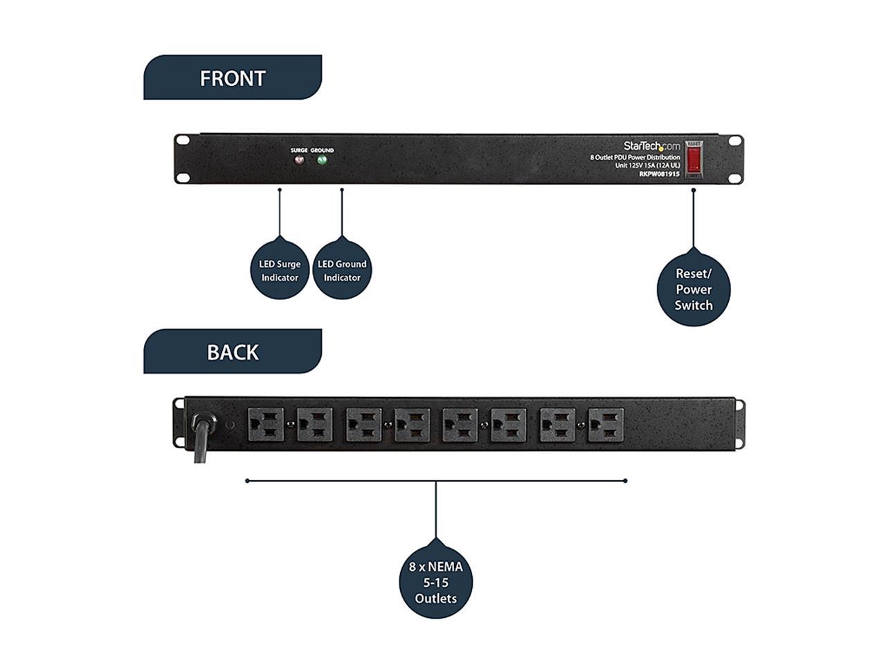 StarTech.com RKPW081915 19in 1U Rackmount 8 Outlet PDU Power Distribution Unit 125V 15A (12A UL) 2