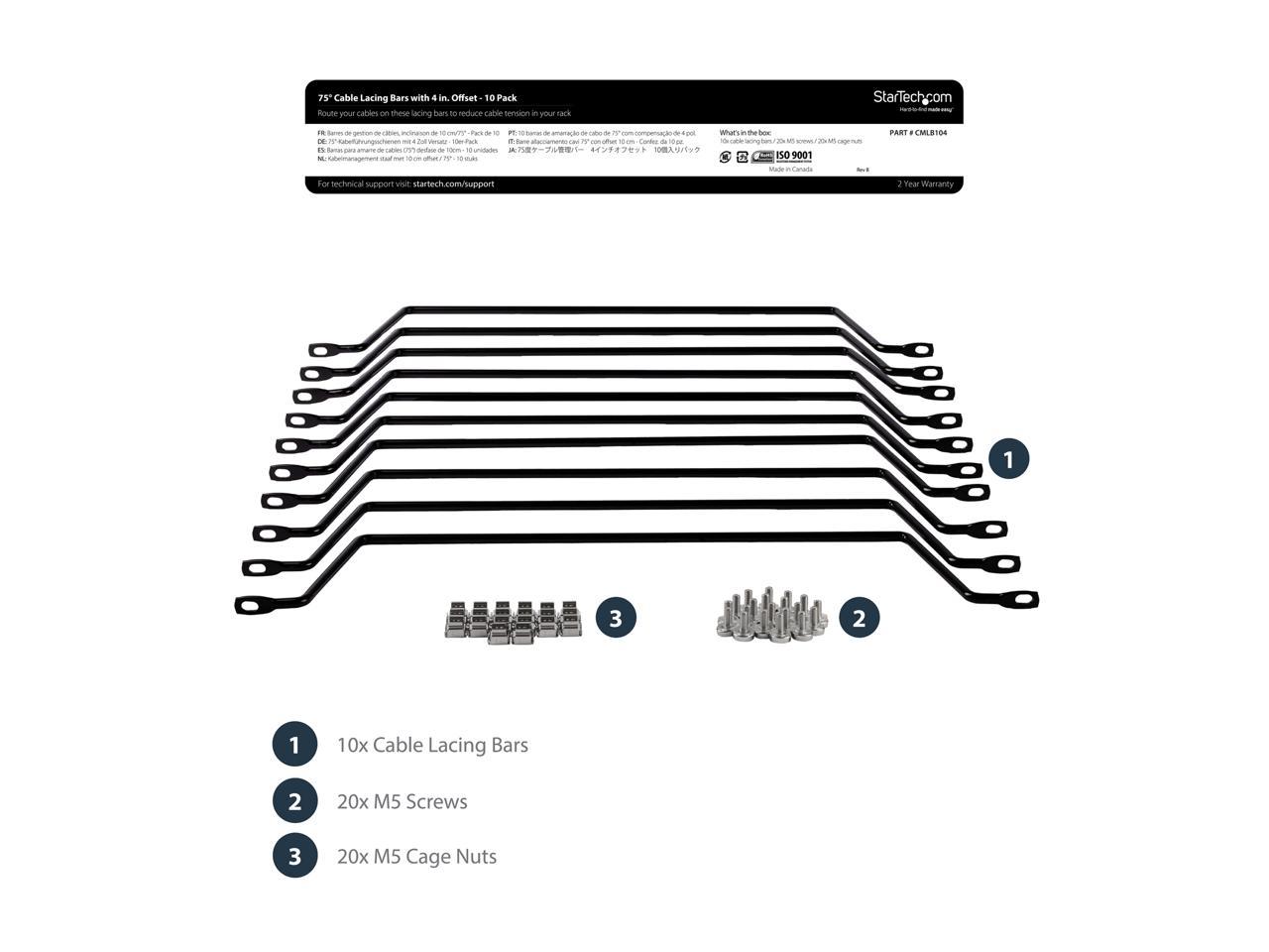 StarTech.com Cable Lacing Bar - 10 Pack - Steel - Horizontal Cable Management Bar -  Rack Cable Organizer - Cable Lacing Tool 3