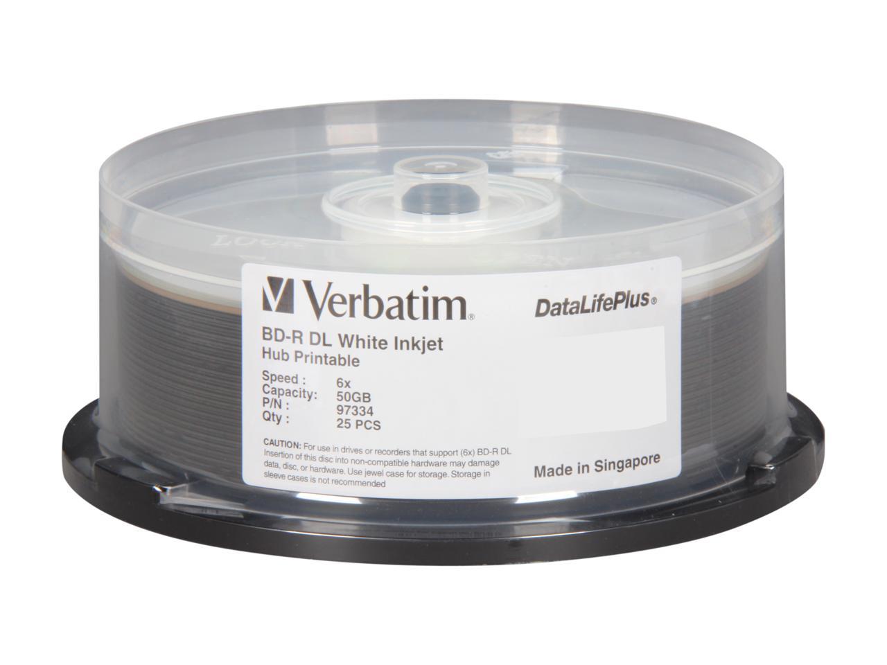 Verbatim 50GB 6X BD-R DL Inkjet Printable 25 Packs Spindle Disc Model 97334 1