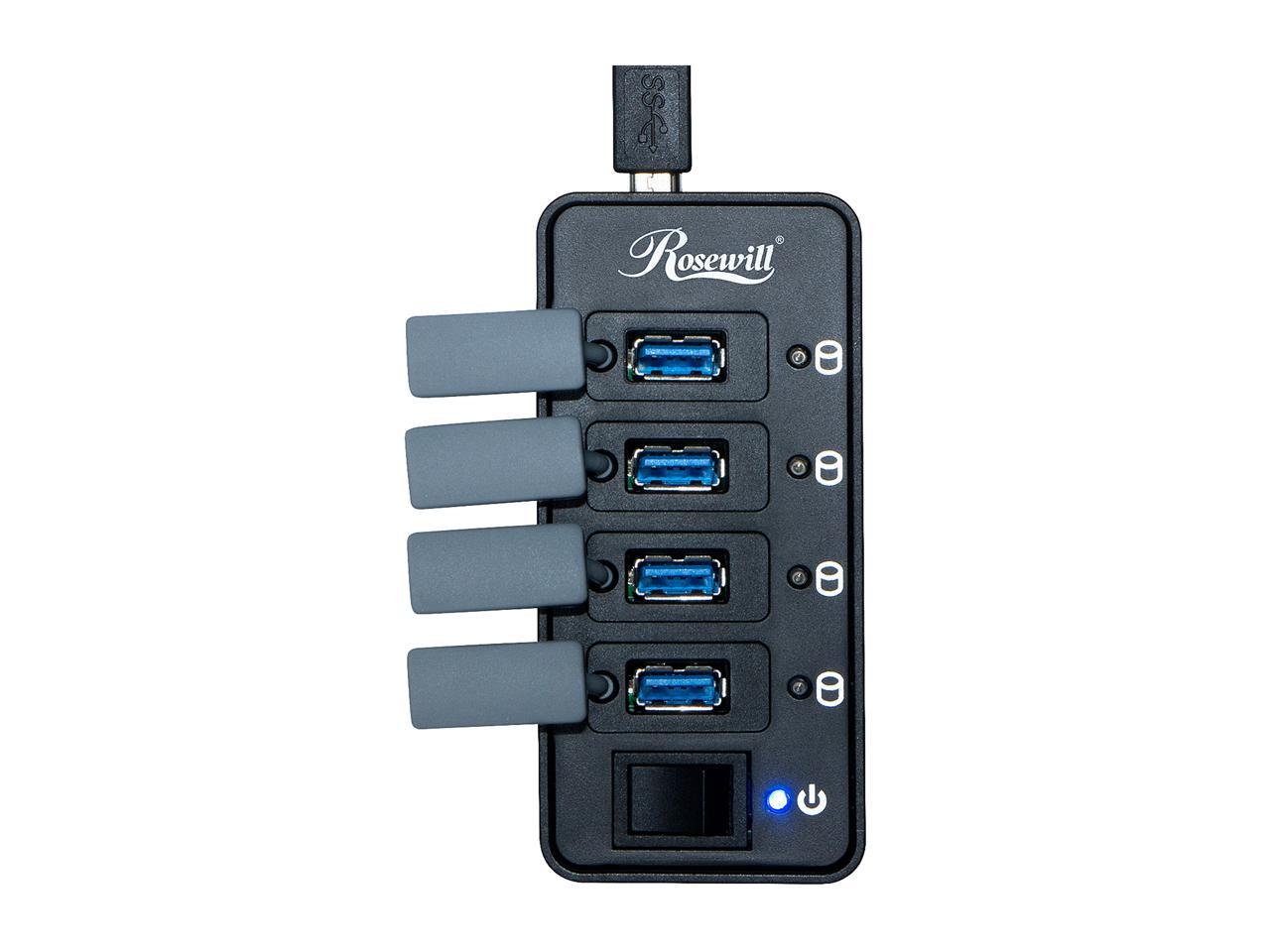 Rosewill 4-Port USB 3.0 Hub with Anti-Dust Rubber Caps and LED indicator on each Port, 480Mbps Data Transfer Speed for Windows & macOS - RHB-210 3