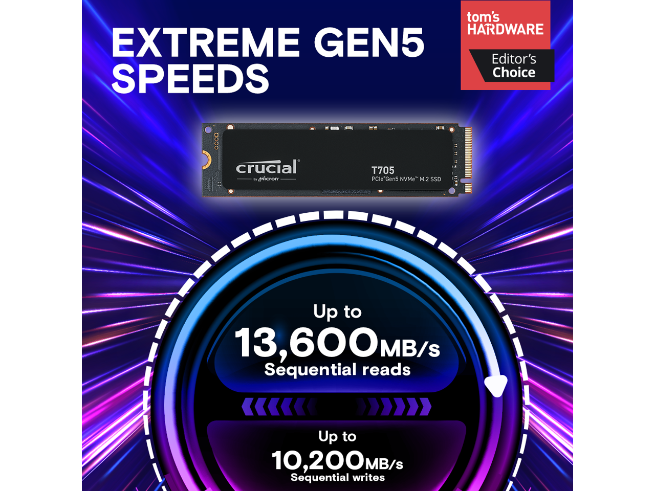 Crucial T705 1TB PCIe Gen5 NVMe M.2 SSD - Up to 13,600 MB/s - Game Ready - Internal Solid State Drive (PC) - +1mo Adobe CC - CT1000T705SSD3 2