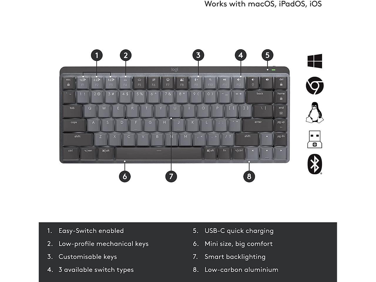 Logitech MX Mechanical Mini Wireless Illuminated Keyboard, Clicky Switches, Backlit, Bluetooth, USB-C, macOS, Windows, Linux, iOS, Android, Graphite 2