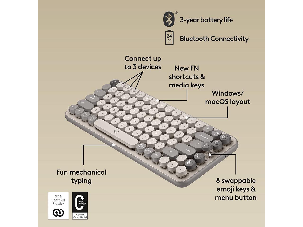 Logitech POP Keys Mechanical Wireless Keyboard with Customizable Emoji Keys, Durable Compact Design, Bluetooth or USB Connectivity, Multi-Device, OS Compatible - Mist 5