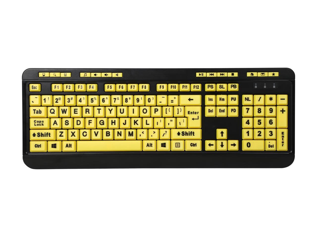 ADESSO EasyTouch 132 AKB-132UY Black / Yellow 104 Normal Keys Previous Track Home Email Favourites Volume Down Volume Up Search Back Forward Play/Pause Close Mute Next Track Refresh Internet Function Keys USB Wired Ergonomic Luminous 4X Lar 2