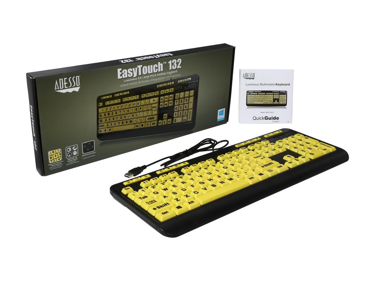 ADESSO EasyTouch 132 AKB-132UY Black / Yellow 104 Normal Keys Previous Track Home Email Favourites Volume Down Volume Up Search Back Forward Play/Pause Close Mute Next Track Refresh Internet Function Keys USB Wired Ergonomic Luminous 4X Lar 4