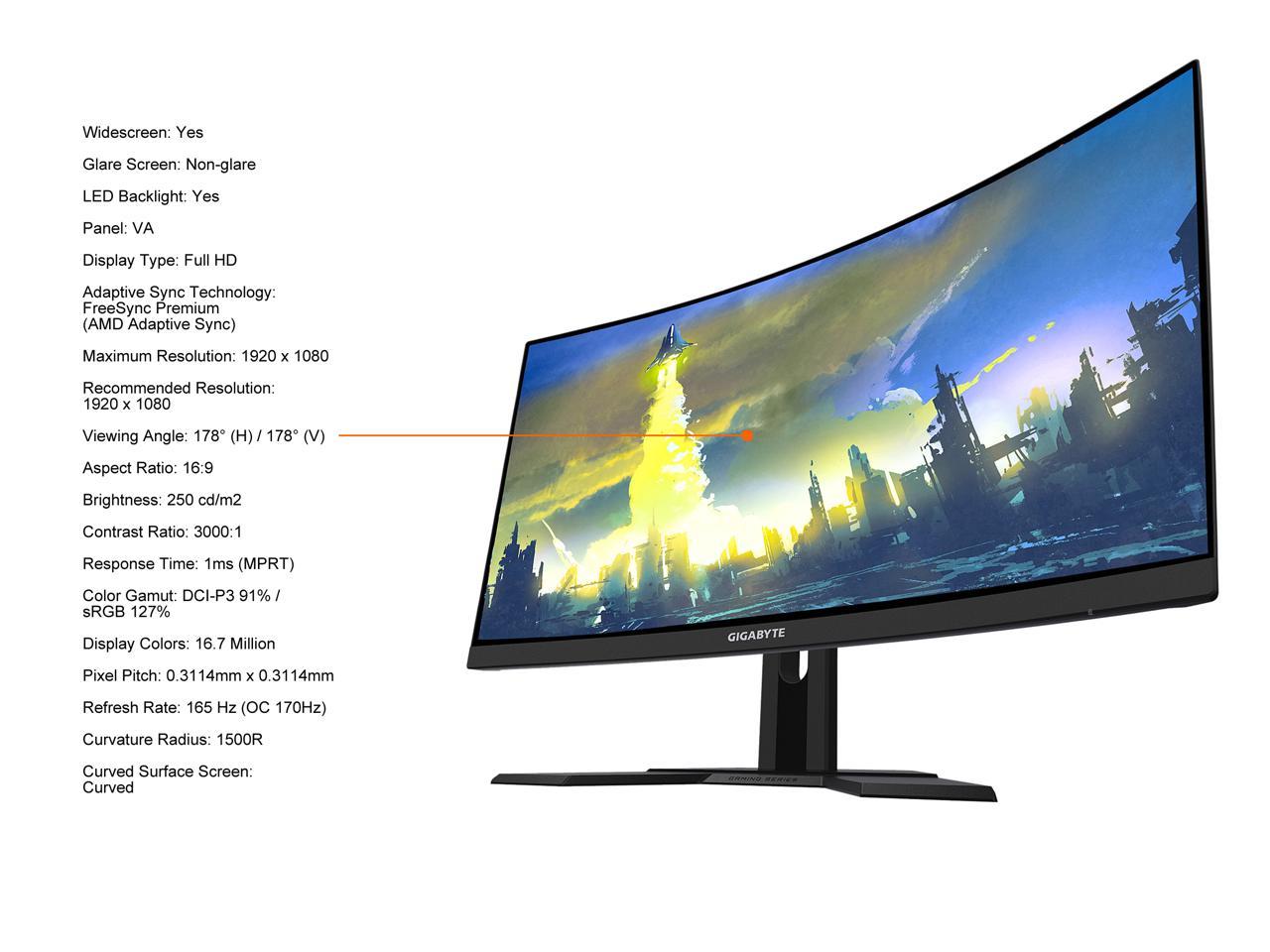 GIGABYTE G27FC A 27" 165Hz 1920 x 1080 1ms (MPRT), 91% DCI-P3, FreeSync Premium, 1 x Display Port 1.2, 2 x HDMI 1.4, 2 x USB 3.0 Curved Gaming Monitor 3