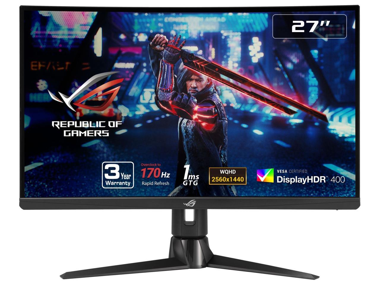 ASUS 27” 1440P Curved Gaming Monitor - QHD (2560 x 1440), Fast IPS, 170Hz, 1ms, G-SYNC Compatible, FreeSync Premium, Eye Care, HDMI, DisplayPort, Height Adjustable, DisplayHDR 400 ROG Strix XG27AQV 1