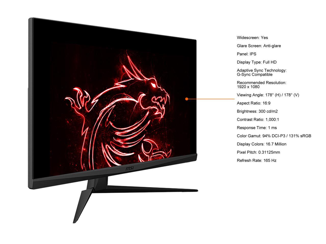 MSI 27" 165 Hz IPS FHD Gaming Monitor G-Sync Compatible 1920 x 1080 94% DCI-P3 / 131% sRGB HDMI, DisplayPort, Audio Optix G273 4