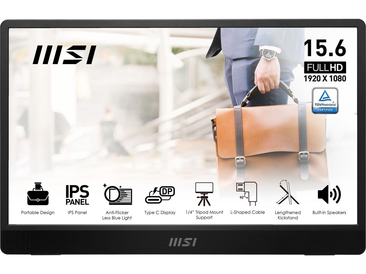 MSI Pro MP161 Portable Monitor, 15.6" FHD IPS 1080p, USB Type-C, Mini-HDMI, Built-in Speakers, Perfect for PC, Mac, PS5, PS4, Xbox, Mobile, Metal Gray 1