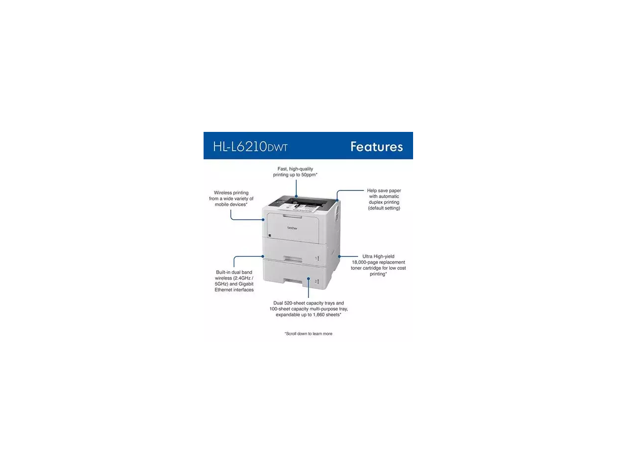 Brother HL-L6210DW Business  Monochrome Laser Printer with Dual Paper Trays, Wireless Networking  and Duplex Printing 2