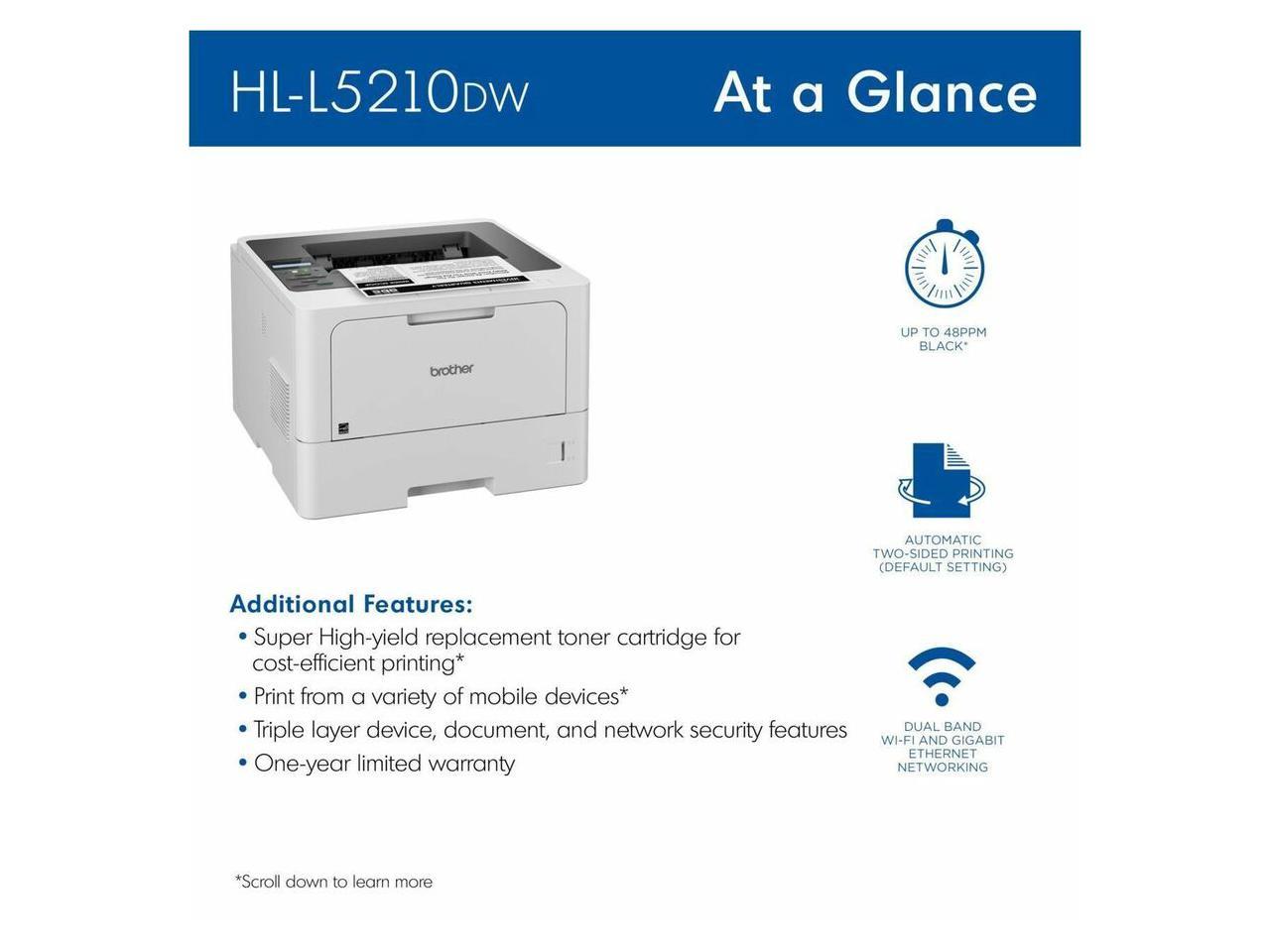 Brother HL HL-L5210DW Desktop Wireless Laser Printer - Monochrome - 48 ppm Mono - 1200 x 1200 dpi Print - Automatic Duplex Print - 350 Sheets Input - Ethernet - Wireless LAN 5