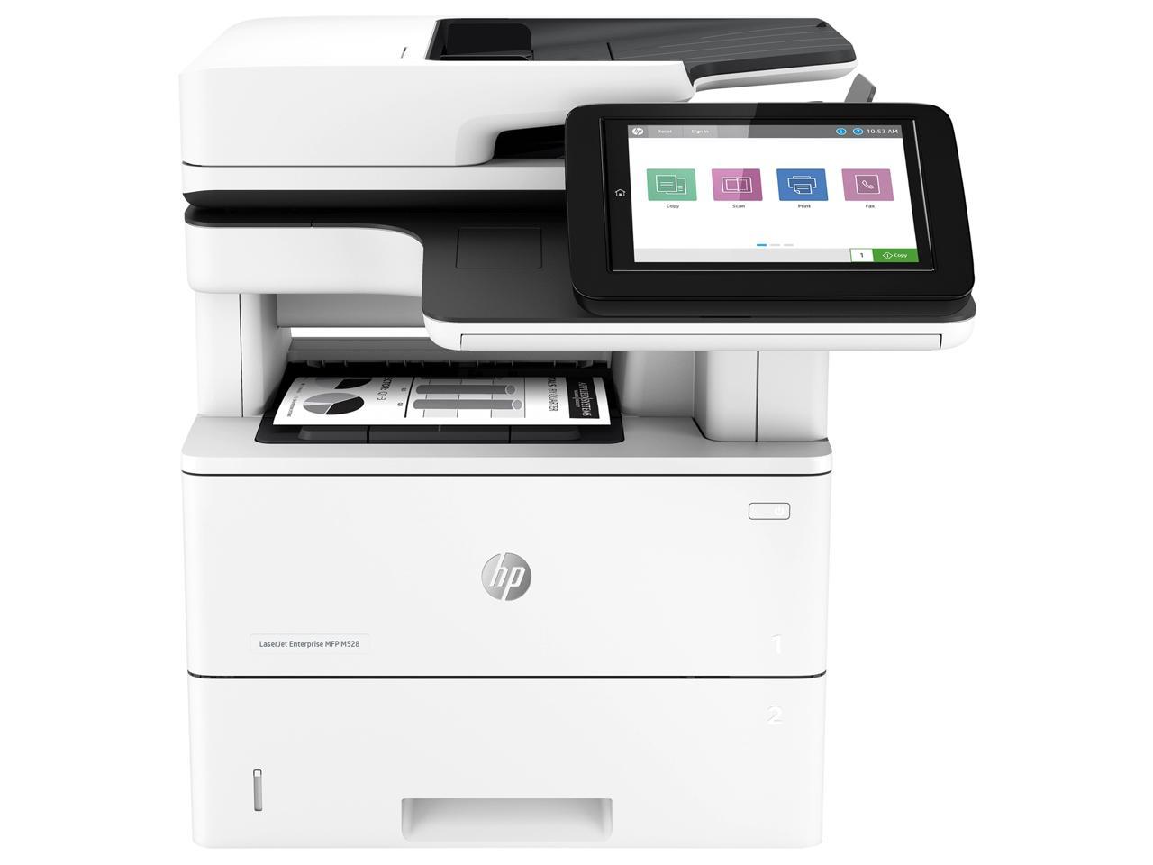 HP LaserJet Enterprise M528dn MFP ISO (letter): Up to 45 ppm
Duplex (letter): Up to 36 ipm Monochrome Ethernet (RJ-45) / USB Laser Printer 1