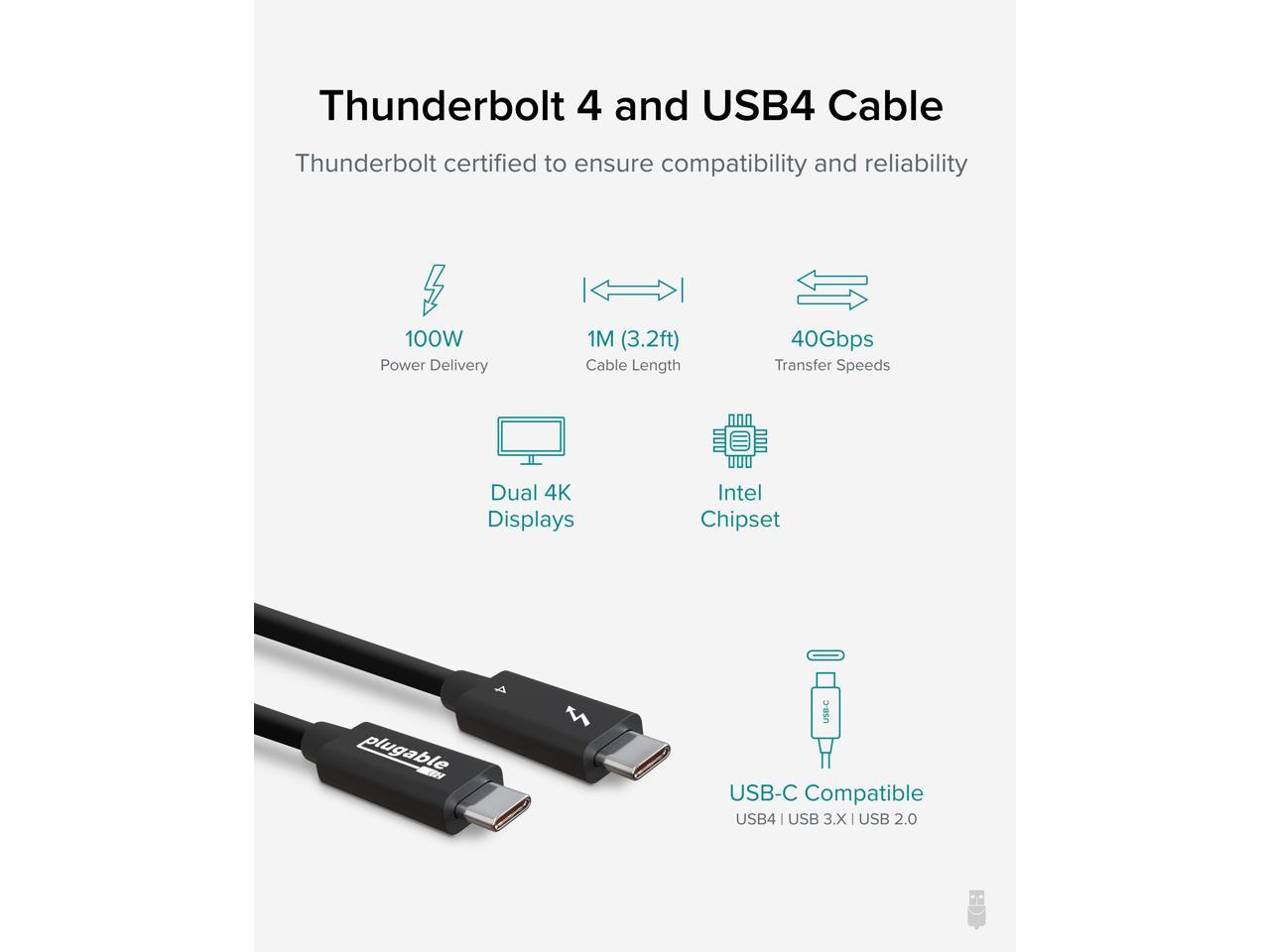 Plugable Thunderbolt 4 Cable [Thunderbolt Certified] 3.3ft USB4 Cable with 100W Charging, Single 8K or Dual 4K Displays, 40Gbps Data Transfer, Compatible with Thunderbolt, USB4, USB-C - Driverless 2