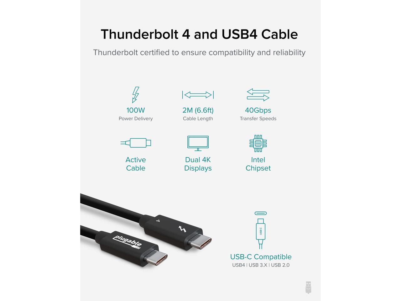 Plugable Thunderbolt 4 Cable [Thunderbolt Certified] 6.4ft USB4 Cable with 100W Charging, Single 8K or Dual 4K Displays, 40Gbps Data Transfer, Compatible with Thunderbolt 4, USB4, Thunderbolt 3, USB-C 2