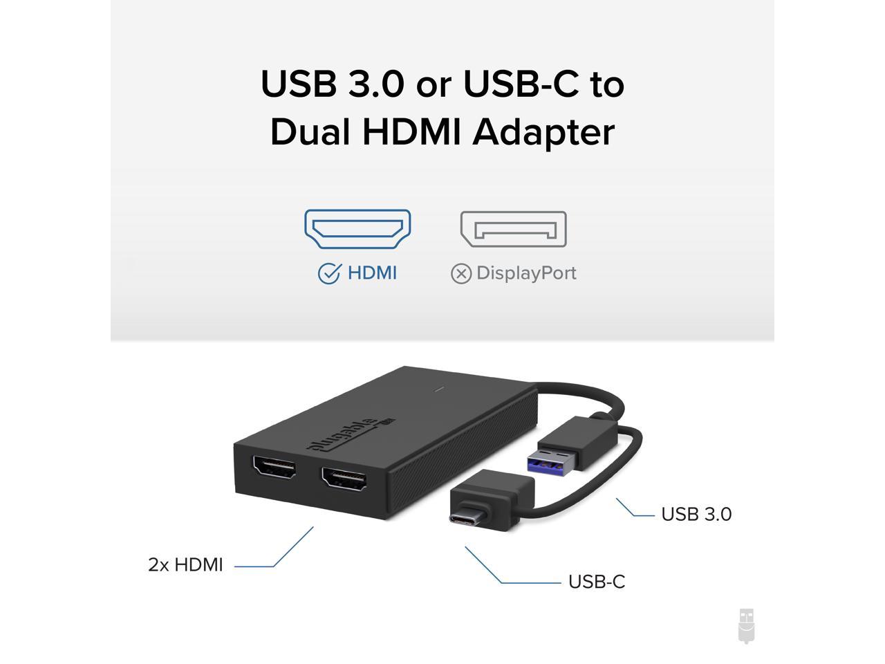 Plugable USB 3.0 or USB C to HDMI Adapter for Dual Monitors, Universal Video Graphics Adapter for Mac and Windows, Thunderbolt, USB 3.0 or USB-C 2