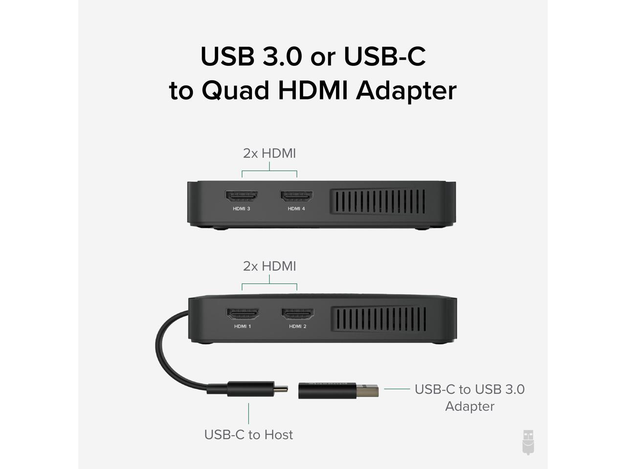 Plugable 4x HDMI Multi Monitor Adapter, USB 3.0 or USB C to HDMI Adapter, Compatible with Windows and Mac, Quad Adapter Supports 1920x1080@60Hz 2