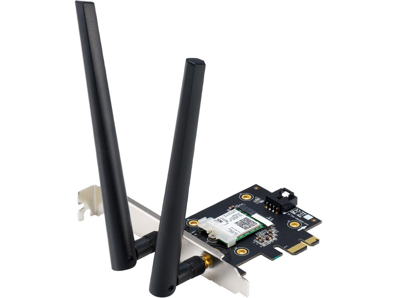 ASUS PCE-AX3000 Wireless Adapter PCI Express 802.11a: 6,9,12,18,24,36,48,54 Mbps 802.11b: 1, 2, 5.5, 11 Mbps 802.11g: 6,9,12,18,24,36,48,54 Mbps 802.11n: up to 300 Mbps 802.11ac (5GHz): up to 1733 Mbps 802.11ax (2.4GHz): up to 574 Mbps 802. 1