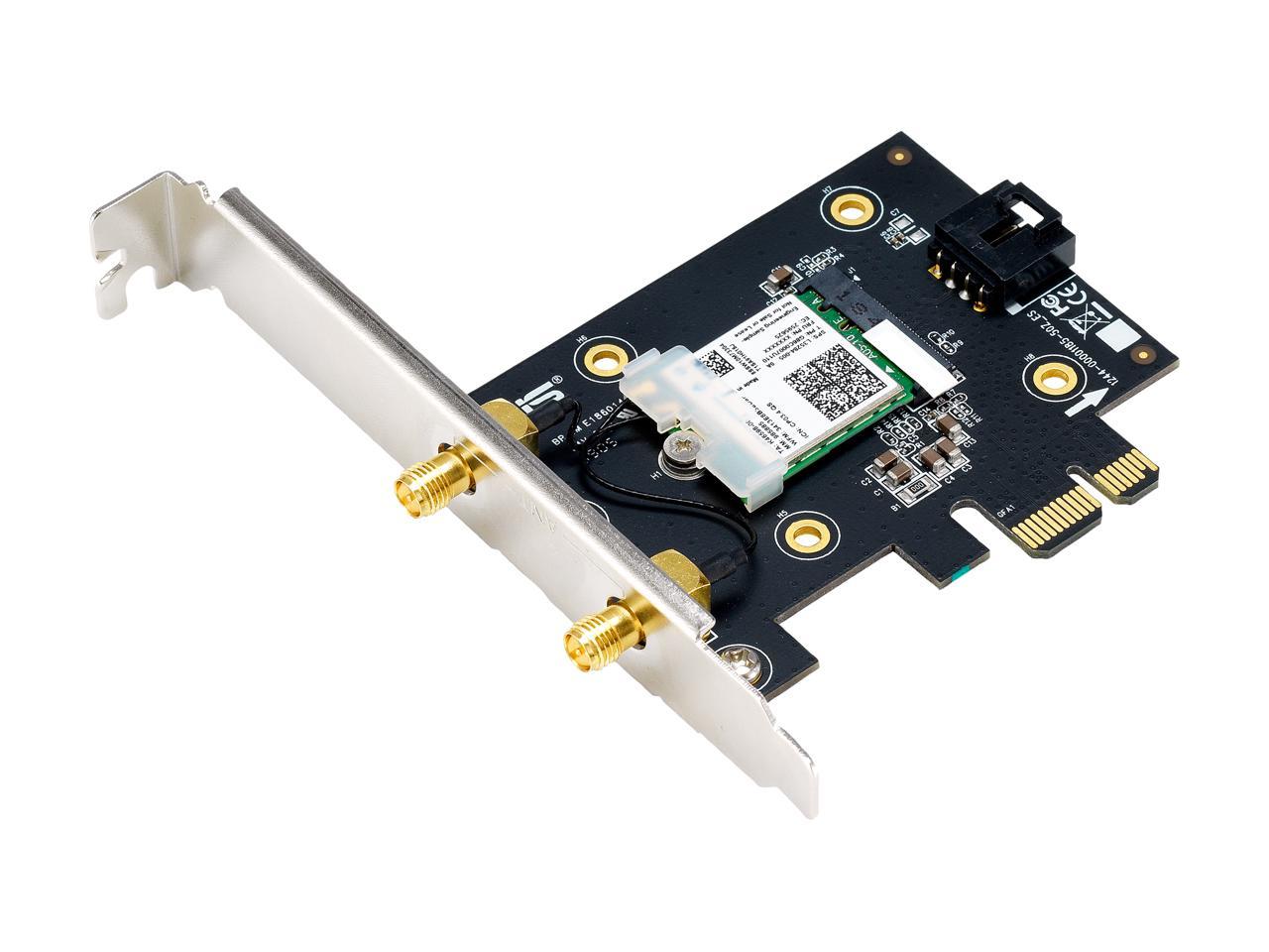 ASUS PCE-AX3000 Wireless Adapter PCI Express 802.11a: 6,9,12,18,24,36,48,54 Mbps 802.11b: 1, 2, 5.5, 11 Mbps 802.11g: 6,9,12,18,24,36,48,54 Mbps 802.11n: up to 300 Mbps 802.11ac (5GHz): up to 1733 Mbps 802.11ax (2.4GHz): up to 574 Mbps 802. 2