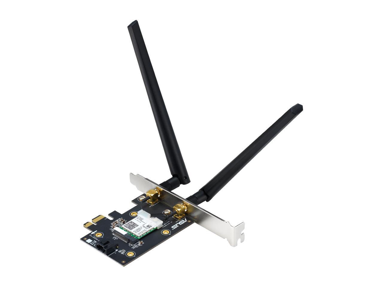 ASUS PCE-AX3000 Wireless Adapter PCI Express 802.11a: 6,9,12,18,24,36,48,54 Mbps 802.11b: 1, 2, 5.5, 11 Mbps 802.11g: 6,9,12,18,24,36,48,54 Mbps 802.11n: up to 300 Mbps 802.11ac (5GHz): up to 1733 Mbps 802.11ax (2.4GHz): up to 574 Mbps 802. 3